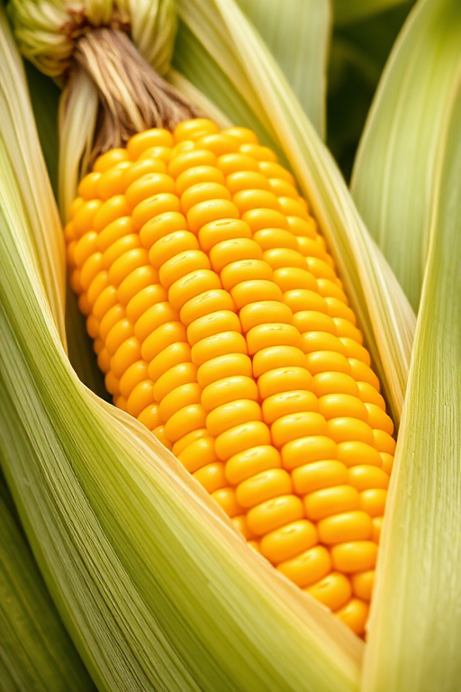 generate an illustration of a corn cob with bright yellow kernels and lush green leaves, high resolution, macro view, using a DSLR camera with a 50mm lens, aperture f/2.8, ISO 100, and natural lighting