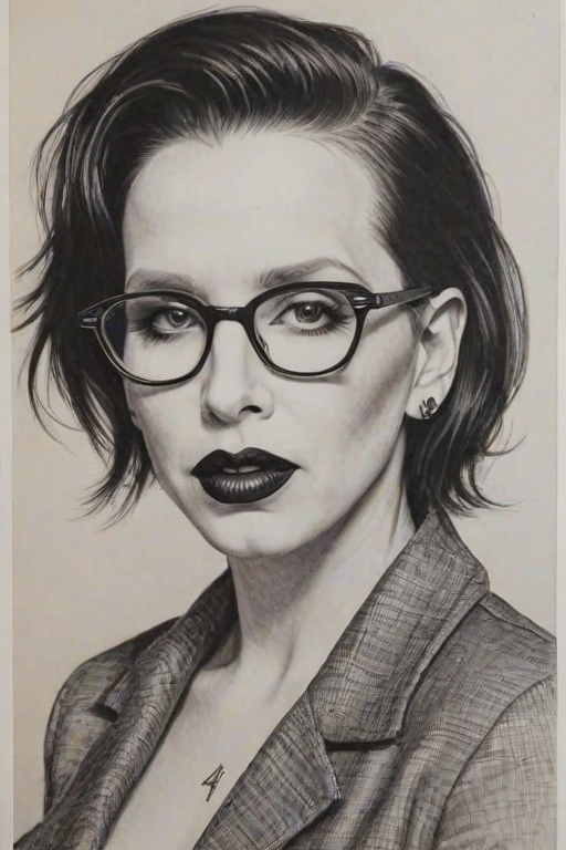 Comely Marilyn Manson, pencil sketch, portrait of Exquisite woman 1956s in glasses, hair style beatnik, outline, clear lines, fine lines, 8k