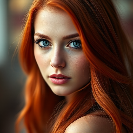 Create a portrait of a woman with long, flowing red hair and striking blue eyes, in soft focus with a dreamy bokeh background, shot with a Canon EOS 5D Mark IV, 85mm f/1.4 lens, aperture set to f/2.8, ISO 100, and a shallow depth of field, capturing vibrant colors and smooth skin texture.