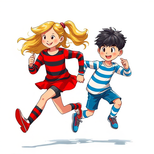 Create a vibrant illustration of a boy and girl running side by side, the girl in red and black stripes with blonde hair, and the boy in blue and white stripes, motion captured in a dynamic way, using a digital illustration style with high contrast colors, focus on clarity and detail, shot with a high-resolution digital camera at f/2.8, ISO 100, and a wide-angle lens for an engaging perspective.