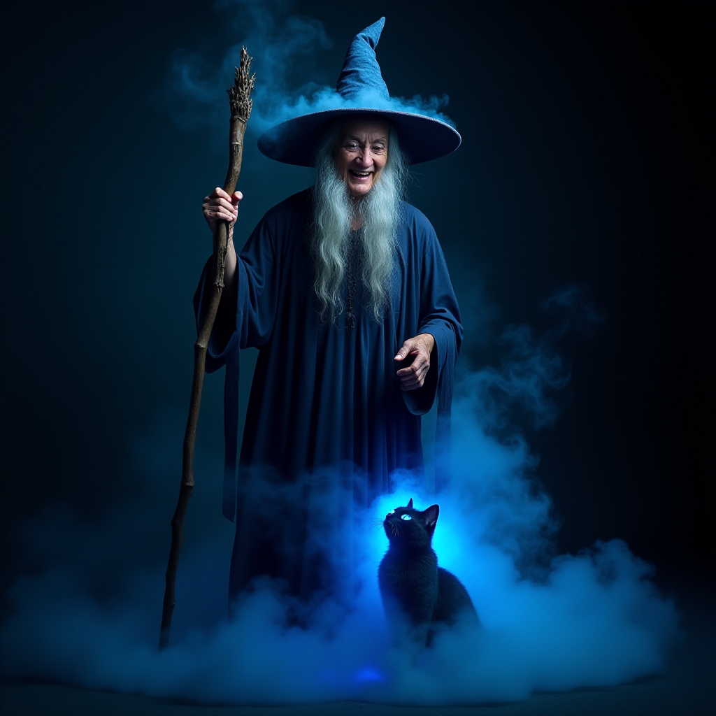 Close-up of a mysterious old crone female witch and her cat made of blue smoke are standing in the dark cackling evilly at the viewer. The smoke is a deep blue, and the background is black. The crone is wearing a long, flowing robe and has a pointed hat on her head. She is holding a staff in one hand and has a mischievous look on her face. The cat is sitting at her feet, looking up at her with glowing blue eyes. The smoke around them is swirling and shifting, as if it has a life of its own. The overall effect is eerie and magical.