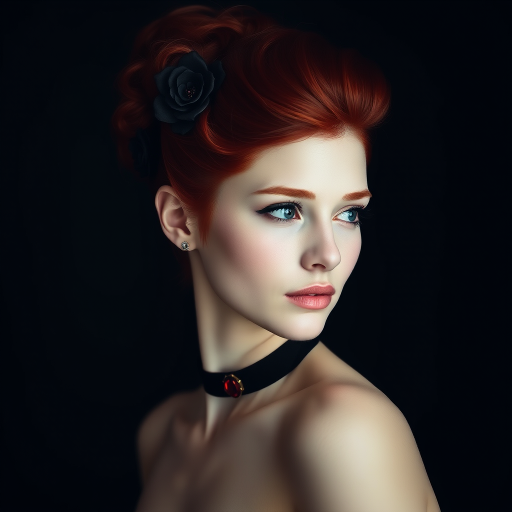 A young woman with bright red hair styled in a voluminous updo adorned with black floral accents, wearing a black choker with a large red gemstone pendant, looks off to the side with a slightly pensive expression, her face softly lit against a dark background.  The image is composed as a portrait, shot from a close-up perspective, with the subject filling most of the frame.  The woman's skin appears fair and flawless, with a subtle glow.  The overall atmosphere is elegant and slightly dramatic.