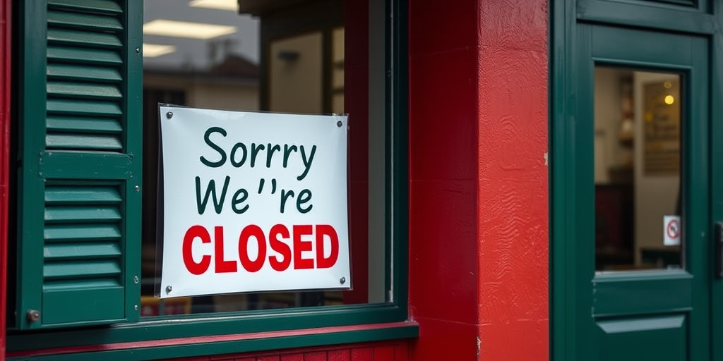 Generate an image of a closed storefront with a prominent "Sorry We're closed" sign on a red wall, featuring a green shuttered window, shot with a DSLR camera at f/5.6 aperture, ISO 100, and 50mm lens, in daylight with a slight vignette effect for depth.
