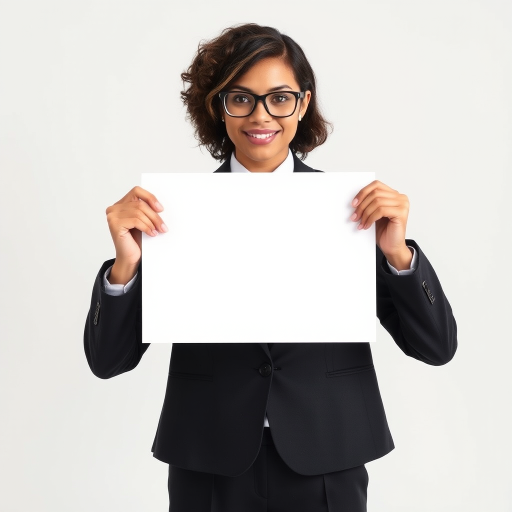 Create an image of a professional individual in a business suit, holding a large blank whiteboard in front of their face. The background should be neutral to emphasize the person and the blank board. Make sure the person's hands are visible, and they are positioned at mid-chest level, showcasing the blank space clearly.