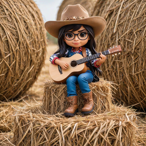 A chibi mia khalifa, dressed as a cowboy, playing guitar, sitting on a hay bale