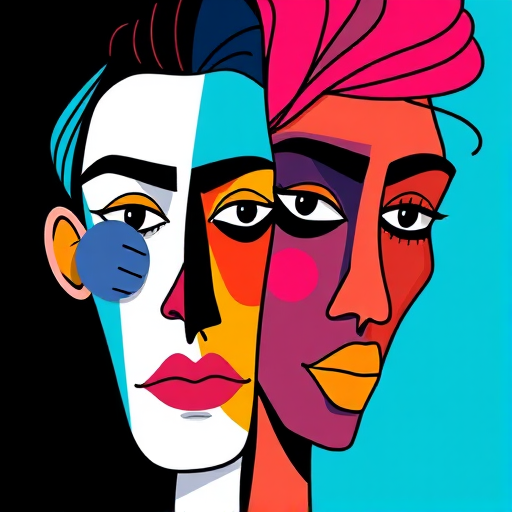 Create a vibrant, high-resolution illustration of two stylized abstract faces with exaggerated features, using a digital art style to emphasize bold lines and contrasting colors, captured using a Canon EOS R5 with a 50mm f/1.2 lens, ISO 100, aperture f/4, and a shallow depth of field for a clean, artistic effect.