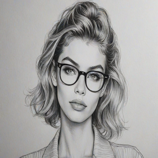 Charming Stella Maxwell, pencil sketch, portrait of Pleasing woman 1977s in glasses, hair style beatnik, outline, clear lines, fine lines, 8k
