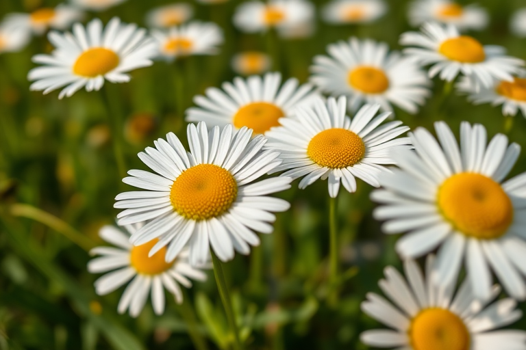 close-up of white daisies with yellow centers in a green field, captured with a Canon EOS 5D Mark IV, f/2.8 aperture, 50mm lens, natural lighting, shallow depth of field