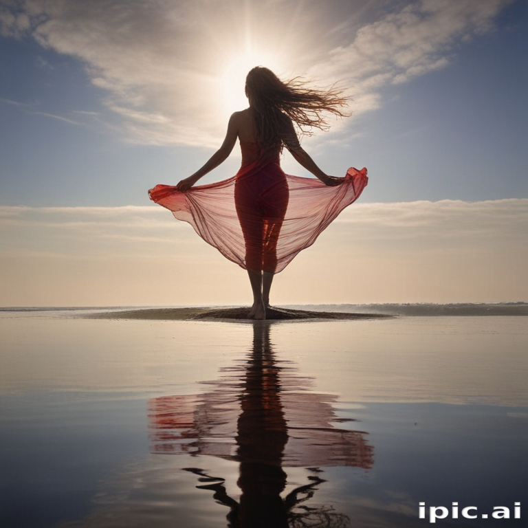 Graceful Silhouette of a Woman in Flowing Red Dress at Sunset