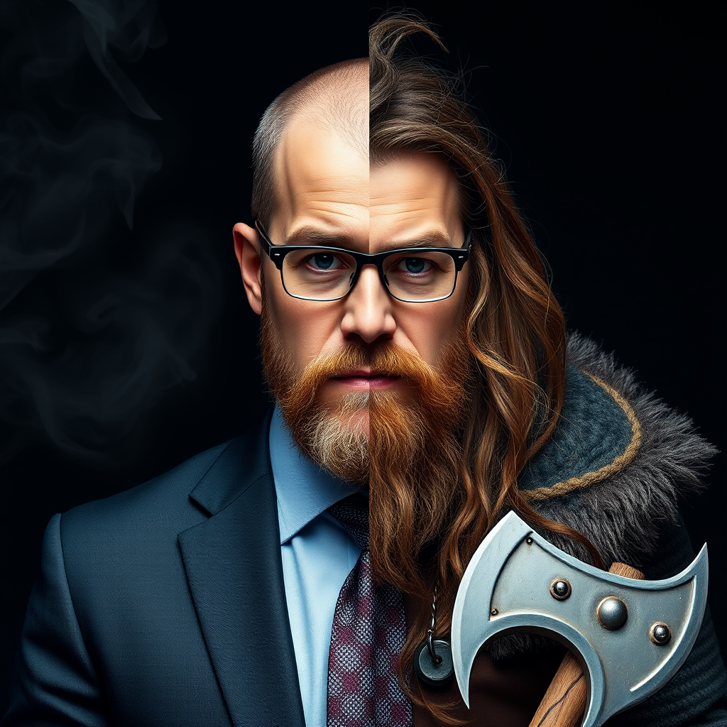 a combination of two pictures of a man in two completely different outfits and makeups. seamless stitched together vertically exactly over the middle of his face. exact same eye level on both sides. The left side shows him as a business person, without beard, wears suit, tie and glasses. The right side of him is wearing no glasses, long hair and beard and is dressed like a viking with a battle axe in his hand. The background is continuously dark with some smoke over both sides. --no visible lines or seams between both sides of the picture