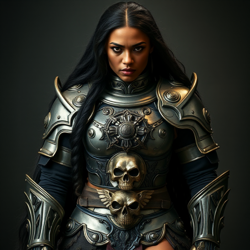 Create a photo of a fierce Oromo female warrior with long black hair, wearing an ornate, metallic armor. The armor includes a breastplate with intricate designs, shoulder guards, and gauntlets. The breastplate is decorated with a central emblem, possibly representing a mythical symbol, and has a sculpted, form-fitting design. She wears a belt with a large skull ornament at the center, and her armor extends into a partial skirt, revealing one leg. The overall look is both protective and stylish, with a dark, gothic aesthetic. The background is dimly lit, suggesting a medieval or fantasy setting, enhancing the warrior's imposing presence and intense expression.