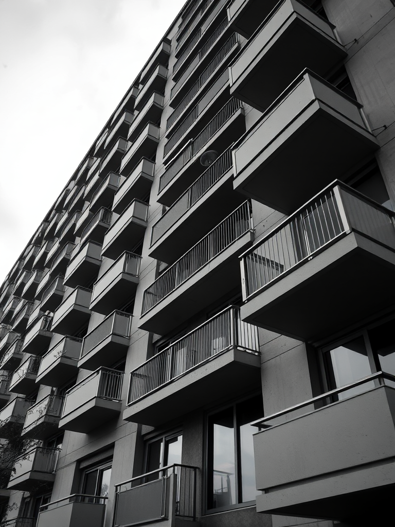 high-contrast black and white image of a modern apartment building with balconies, captured from a low angle, f-stop 8, shutter speed 1/125s, ISO 200, wide-angle lens, DSLR camera