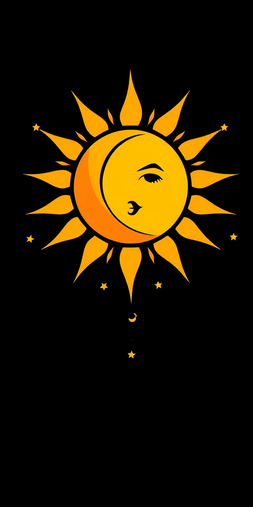 Create an image of a stylized sun with a crescent moon face surrounded by scattered stars on a black background, using a DSLR camera, 50mm lens, f/1.8 aperture, ISO 100, and a soft focus effect to enhance the quality and warmth of colors.