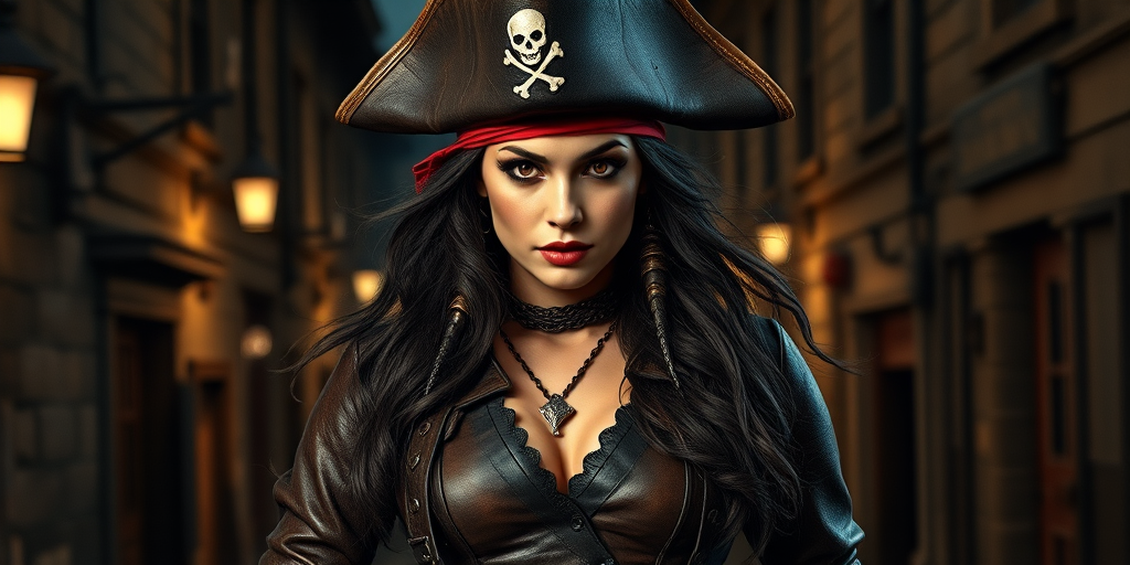 Create a portrait of a fierce female pirate. She wears a leather tricorn hat adorned with a skull and crossbones emblem, and her long, dark hair flows around her face. Her outfit consists of a richly detailed leather jacket, a corset, and multiple layers of belts and accessories, giving her a formidable and stylish appearance. She stands confidently in a dimly lit, historic port town, with a backdrop of weathered buildings and cobblestone streets, capturing the adventurous spirit of a pirate.