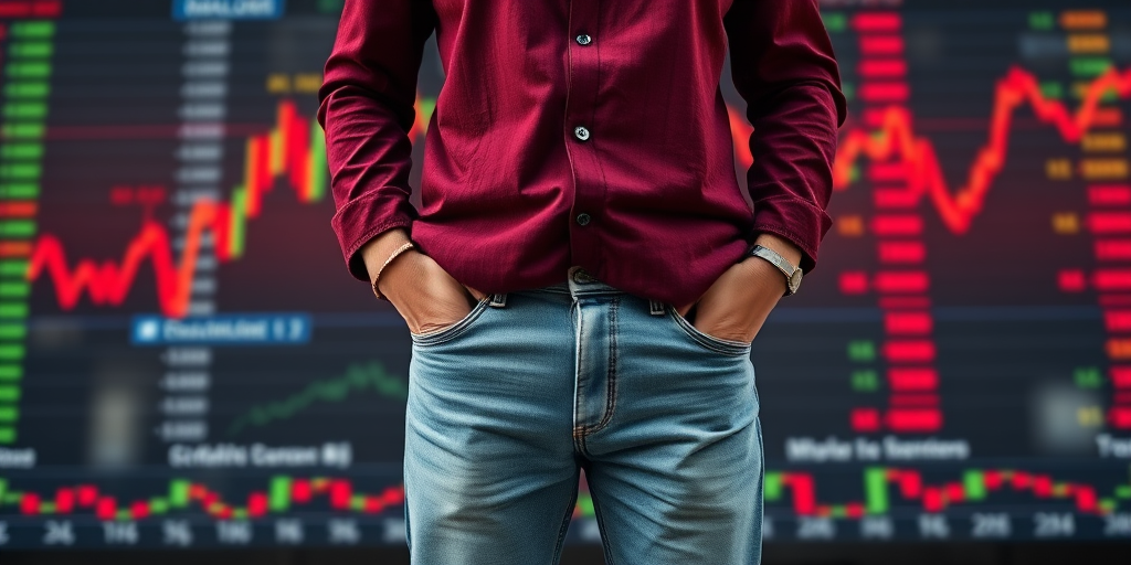 A person standing with empty pockets in front of stock market charts, captured with a Canon EOS 5D Mark IV, 50mm lens, f/1.8 aperture, ISO 200, shot from a low angle to emphasize the height of the charts, with soft focus on the background for depth.