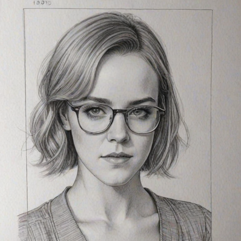 Alluring Jena Malone, pencil sketch, portrait of Enticing woman 1975s in glasses, hair style beatnik, outline, clear lines, fine lines, 8k