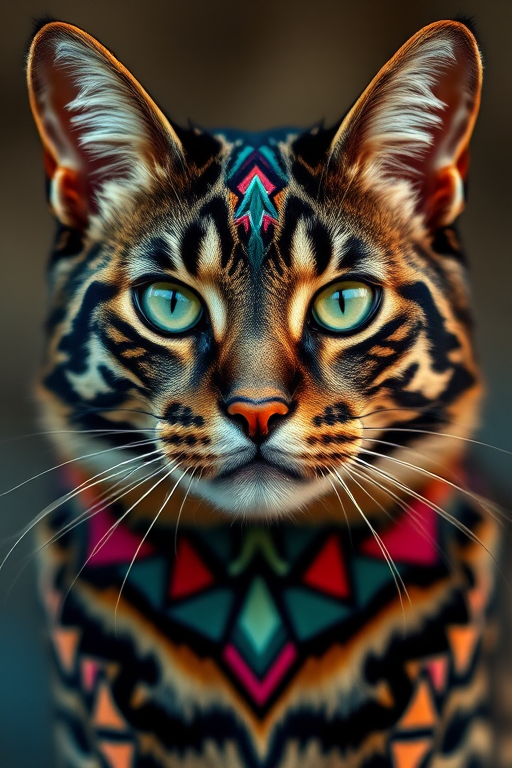 Regenerate the image of a majestic cat with intricate geometric designs and vibrant colors, using a 50mm lens, f/2.8 aperture, ISO 100, soft lighting, from a frontal view, using a DSLR camera for enhanced detail and clarity.
