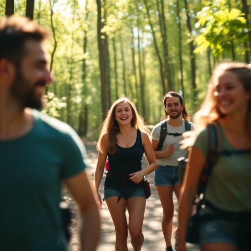 Blurry, candid shot of a group of friends hiking through a sunlit forest, laughter frozen in the moment, sunlight filtering through the trees, shadows stretching across the path, the sound of rustling leaves and distant birds chirping in the background.