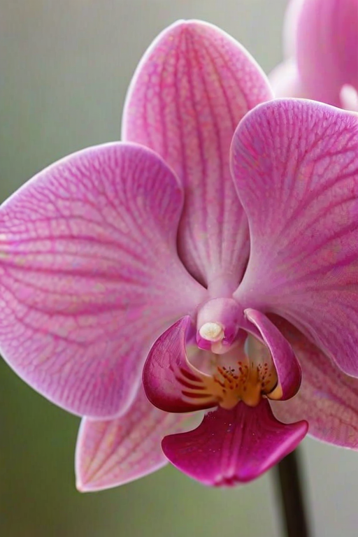 A close-up of a vibrant pink orchid flower with delicate petals and a soft, blurred background.