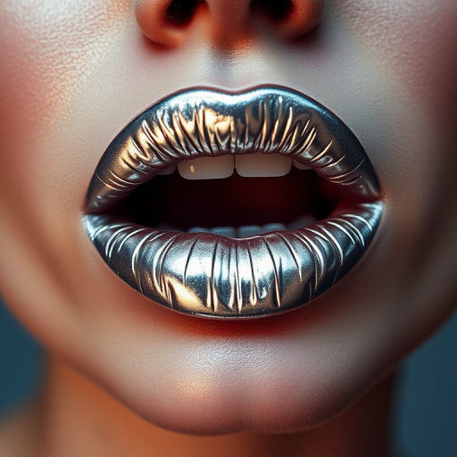 Edgy metallic silver lips reflect light dramatically, creating a futuristic and avant-garde look that pushes the boundaries of traditional beauty