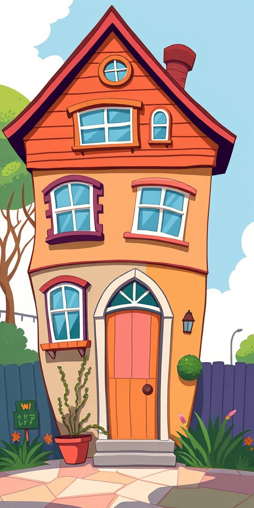 Create a whimsical illustration of a quirky, tilted house with unique window designs and an arched door, using a vibrant color palette and a digital art style, capturing the scene with a 50mm lens at f/8, ISO 100, in natural light.