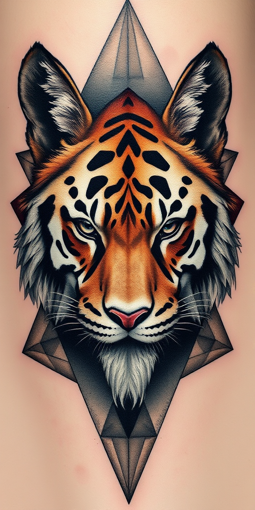Geometric realism tattoo titled "Fractured Nature" combining photo-realistic animal portraits with geometric shapes and patterns breaking up the image