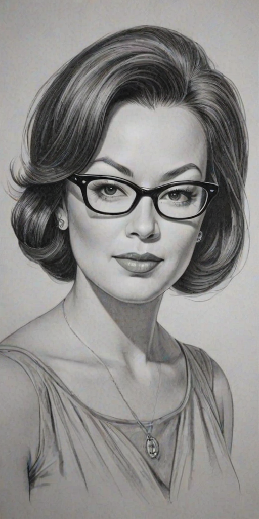 Superb Jennifer Tilly, pencil sketch, portrait of Enchanting woman 1960s in glasses, hair style beatnik, outline, clear lines, fine lines, 8k