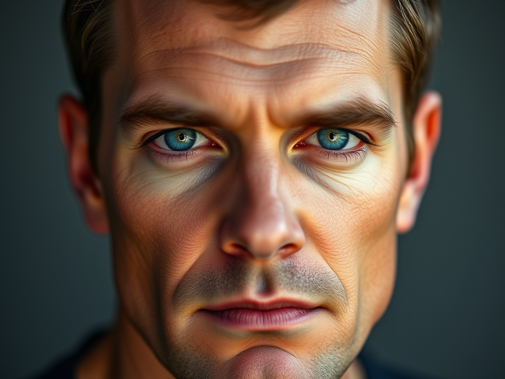 portrait of a man with blue eyes and a serious expression, taken with a Canon EOS R5, 85mm lens, aperture f/1.2, ISO 100, soft diffused lighting, shallow depth of field, studio background, realistic skin tones, focused on facial features