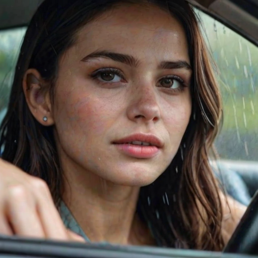 detailed edges, detailed image, perfection style, A perfect photo of a woman driving a car in the rain, 1girl, solo, long hair, black hair, jewelry, teeth, blurry, lips, ring, clenched teeth, ground vehicle, realistic, car, driving, steering wheel, detailed face, detailed body, detailed hands, detailed eyes, detailed nose, detailed ears, detailed hair, detailed, perfection, detailed teeth, detailed skin texture, wrinkly, detailed fingers, detailed mouth, beauty, realism, real, detailed hair, detailed pores, detailed background, sharp image, detailed lips, different race, different color, different haircut, different skin tone, different, different people, different pose, perfection style, brown hair, 1boy, male focus, motor vehicle, rain, photorealistic