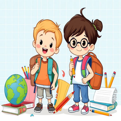 Illustration of two children with backpacks, one holding a pencil, surrounded by school supplies like notebooks, pencils, and a globe, against a grid background, shot with a Canon EOS 5D Mark IV, ISO 100, f/8, 1/125 sec, using a wide-angle lens for a clear and vibrant look.
