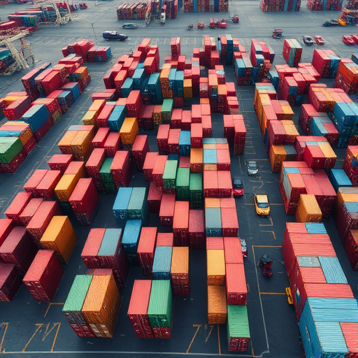 high-resolution aerial view of a busy shipping container yard filled with colorful stacked containers, captured with a Canon EOS 5D Mark IV, ISO 100, f/8 aperture, 1/250 sec shutter speed, natural daylight to enhance colors and details.