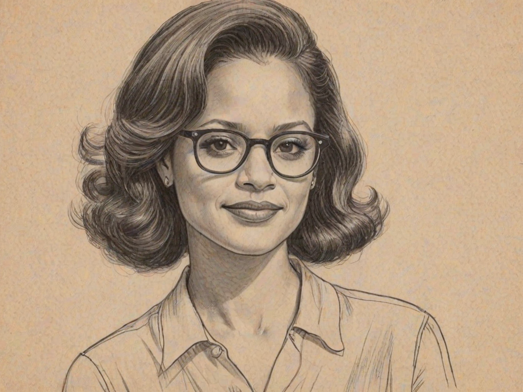 Charming Judy Reyes, pencil sketch, portrait of Charming woman 1944s in glasses, hair style beatnik, outline, clear lines, fine lines, 8k