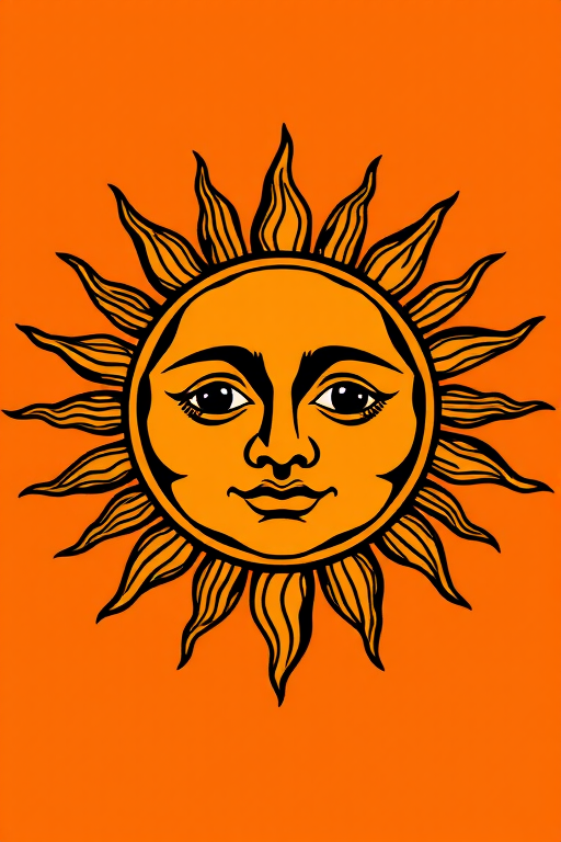 illustration of a sun with two faces, detailed black line art, warm orange background, shot with a 50mm lens at f/8, ISO 200, natural light, high-resolution digital camera, vibrant colors, enhanced contrast