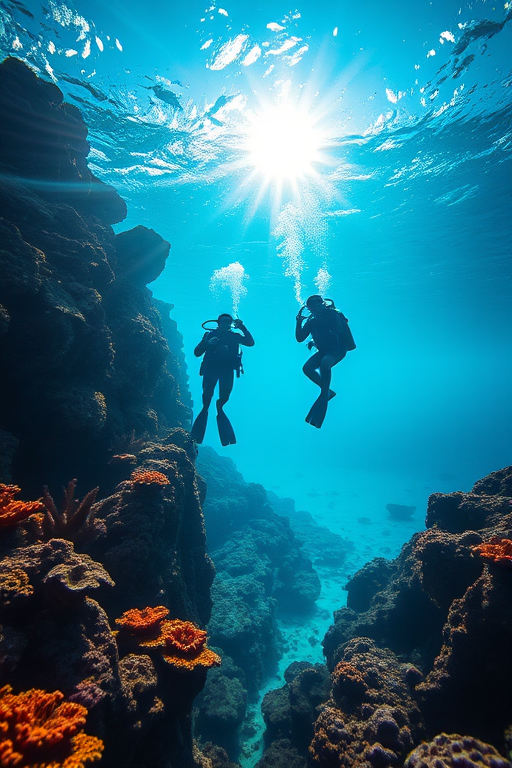 underwater scene with two divers exploring coral reefs, bright sunlight filtering through clear water, tropical landscape in the background, shot with a DSLR camera, 24mm lens, aperture f/8, ISO 200, shutter speed 1/250 sec, underwater mode