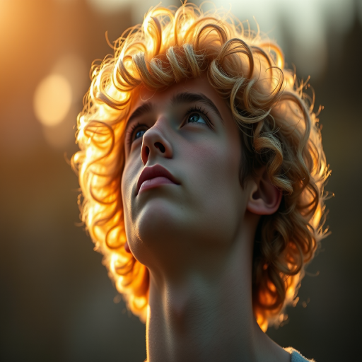 Create a hyper-realistic portrait of a young man with curly blonde hair gazing upwards, illuminated by soft golden light; use a Canon EOS R5 camera with a 50mm lens, aperture set to f/1.8 for a shallow depth of field, and a warm color grading to enhance the ethereal atmosphere.