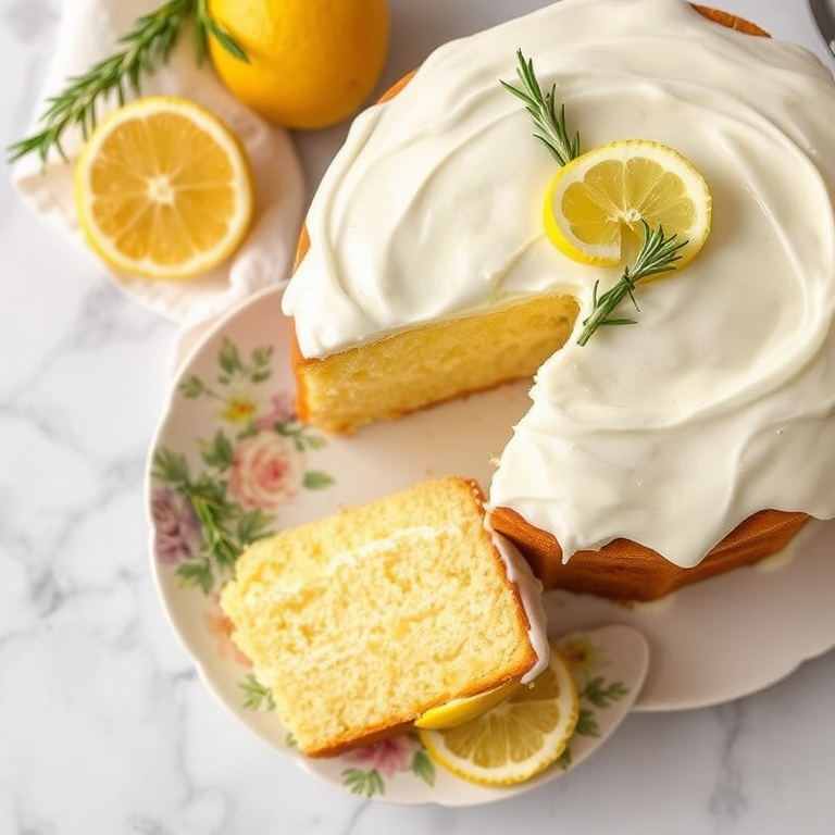 A beautifully frosted lemon cake with a slice on a floral plate, garnished with rosemary and lemon slices, placed on a marble surface. The cake has a creamy white icing and a soft, fluffy texture.