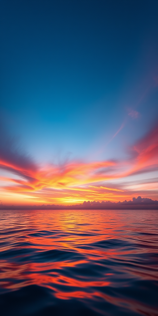 Create a stunning sunset over the ocean with vibrant orange and pink hues in the sky reflecting on calm water, using a Canon EOS R5 with a 24-70mm f/2.8 lens, aperture set to f/8, ISO 100, at a 1/200 second shutter speed, captured from a low angle view to emphasize the horizon.