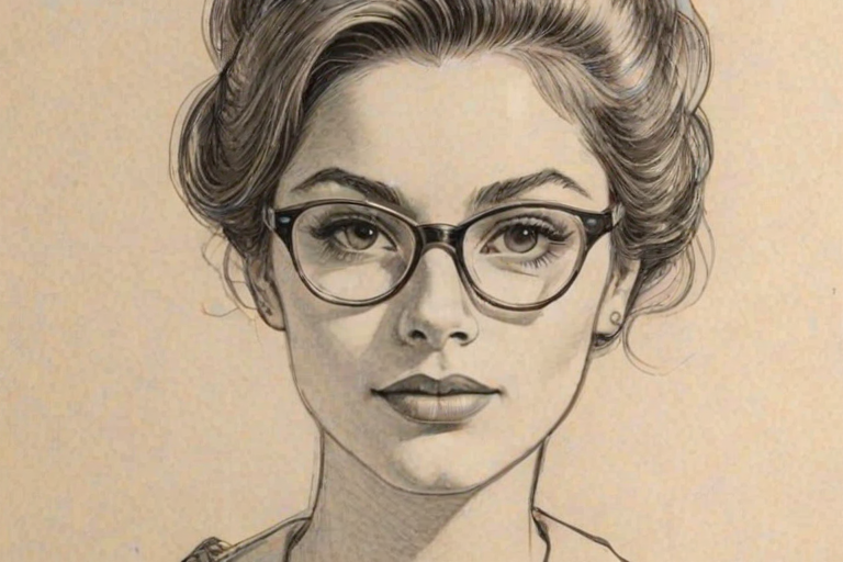 Delightful Dominique Fishback, pencil sketch, portrait of Comely woman 1961s in glasses, hair style beatnik, outline, clear lines, fine lines, 8k