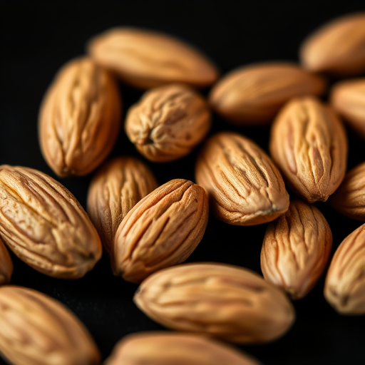 High-resolution close-up of raw almonds on a solid black background, f/2.8 aperture, ISO 100, shutter speed 1/60s, macro lens, natural lighting.