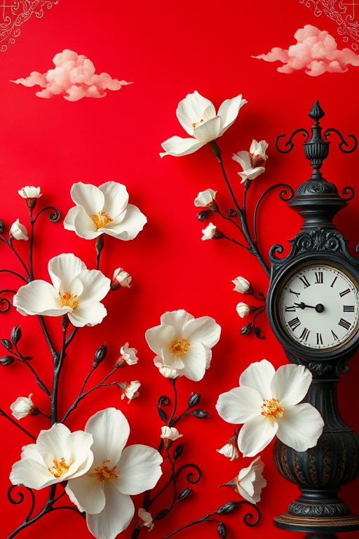 create a vibrant red background with elegant white flowers and intricate black and silver decorative elements, include a vintage clock and soft clouds, use a DSLR camera with a 50mm lens, aperture f/2.8, ISO 100, shot from a slightly elevated angle to enhance depth and focus on details
