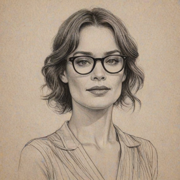 Charming Lena Headey, pencil sketch, portrait of Enticing woman 1933s in glasses, hair style beatnik, outline, clear lines, fine lines, 8k