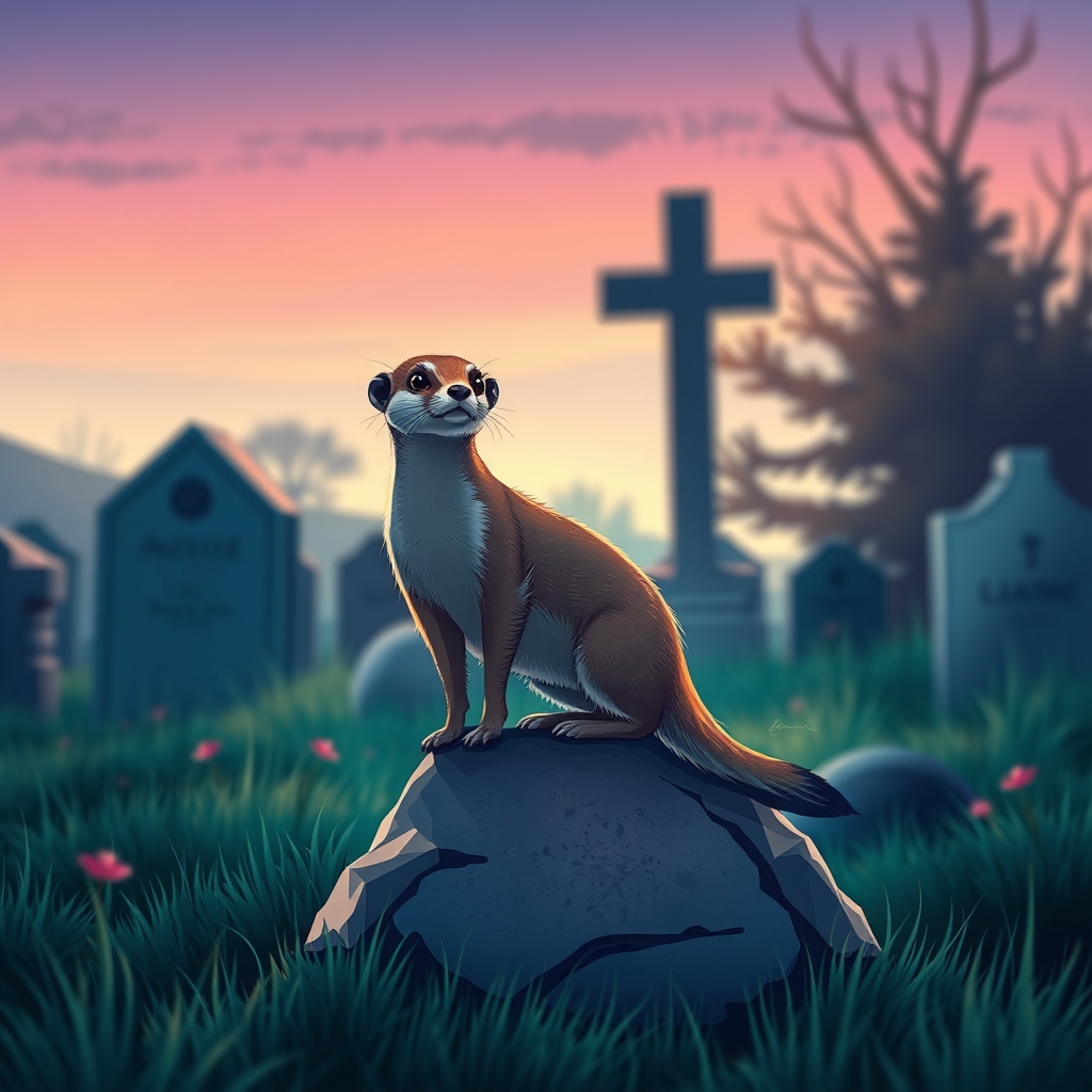 Generate an illustration of a weasel standing on a stone in a serene graveyard with a cross in the background, vivid color palette with soft gradients, cinematic view, shot with a DSLR camera at f/2.8 aperture, ISO 100, 50mm lens, emphasizing depth of field and rich textures.