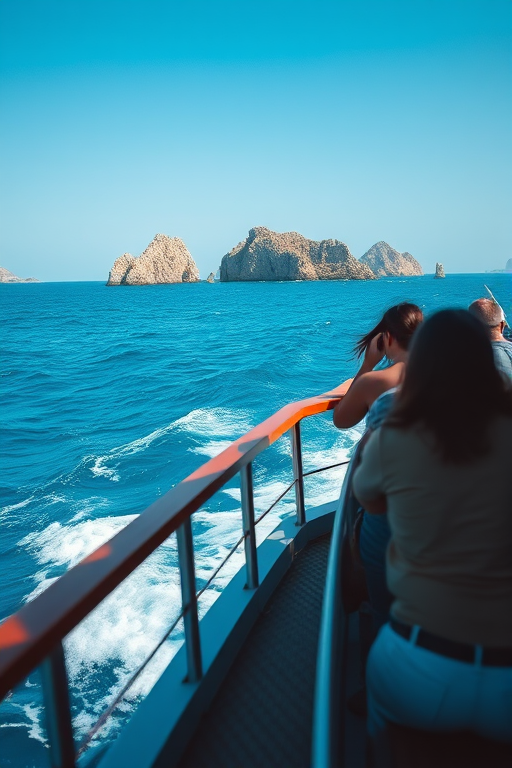 Create an image of a boat with passengers looking out over a vibrant blue sea towards distant rocky islands under a clear sky, shot with a DSLR camera at f/8 aperture, ISO 100, 1/500s shutter speed, using a wide-angle lens for an expansive view, with a focus on the texture of the waves and the details of the boat's deck.