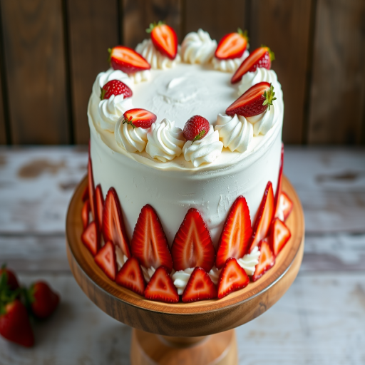 A round white cake decorated with whipped cream rosettes and fresh strawberry slices on top and around the bottom, displayed on a wooden cake stand with a rustic background.