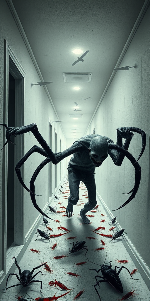 a crooked male with long arms and a creepy smile is crawling along a long white corridor and you can also see cockroaches in it there is a creepy atmosphere creepy art style