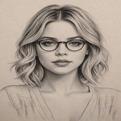 Fetching Ashley Benson, pencil sketch, portrait of Alluring woman 1929s in glasses, hair style beatnik, outline, clear lines, fine lines, 8k