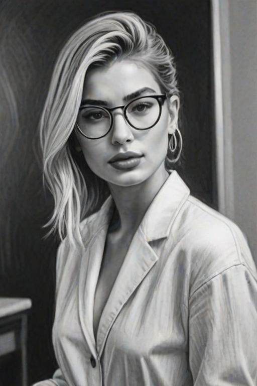 Stunning Hailey Baldwin, pencil sketch, portrait of Wonderful woman 1955s in glasses, hair style beatnik, outline, clear lines, fine lines, 8k