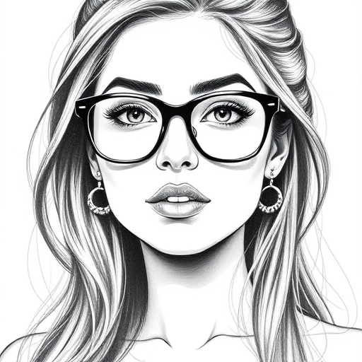 hot mia khalifa, pencil sketch, portrait of beautiful woman 60s in glasses, hair style beatnik, outline, clear lines, fine lines, 8k