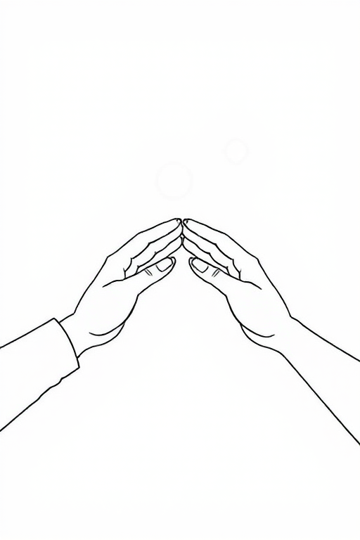 Create a minimalist line art illustration of two hands reaching towards each other with soft circular shapes in the background, using high resolution, with a 50mm lens, f/1.8 aperture, shallow depth of field, and shot in natural light.