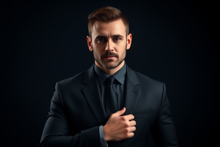 Create a portrait of a confident man in a black suit, adjusting his tie, against a dark studio backdrop, using a Canon EOS R5 camera with a 85mm f/1.2 lens, at f/1.2 aperture, ISO 100, 1/125 sec shutter speed, with soft lighting for a dramatic effect.